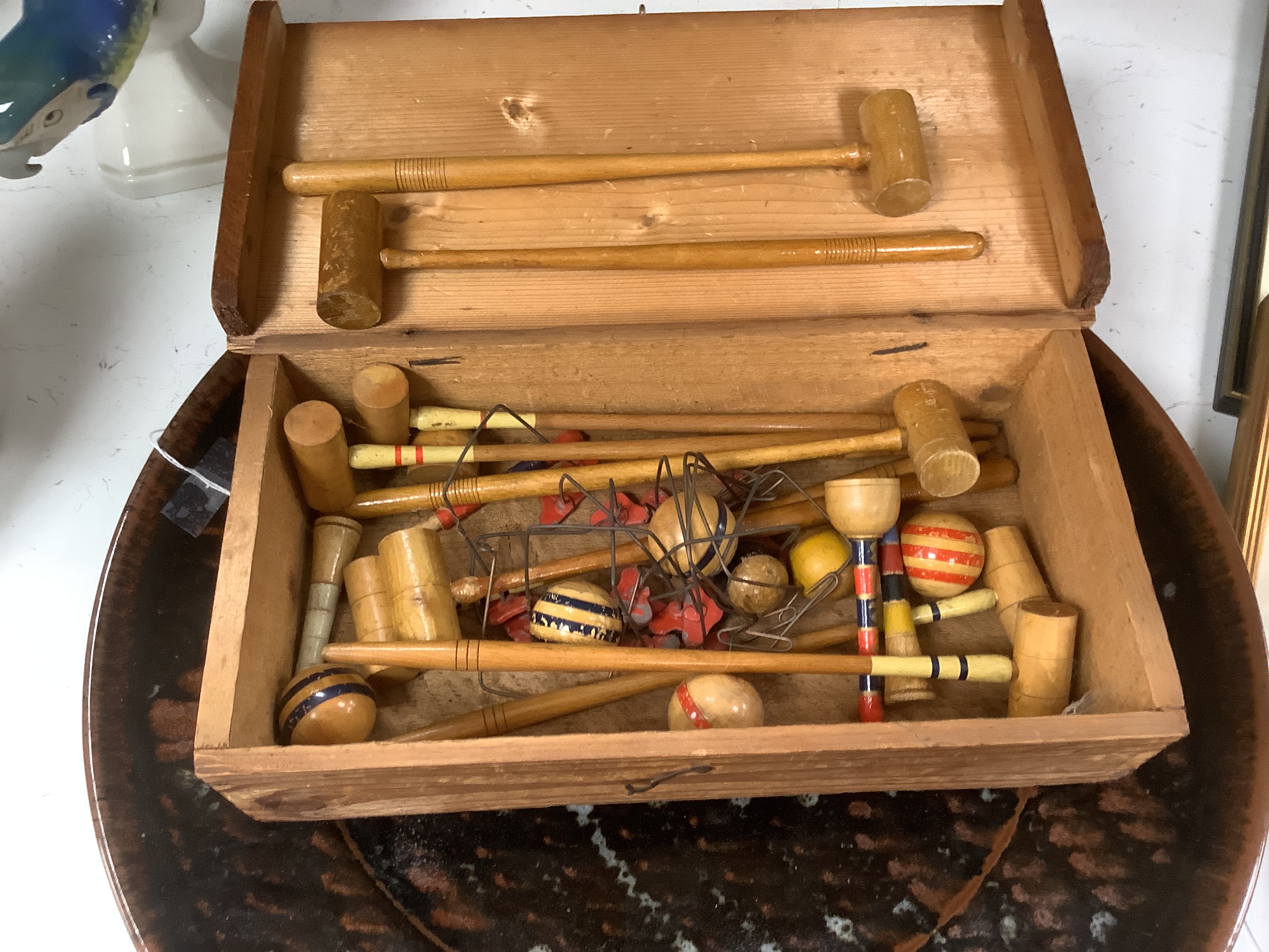 A boxed Table croquet set and a box of lignum vitae etc. bowls